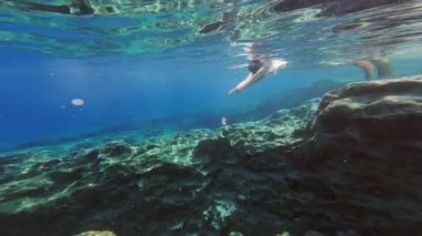 Bikini 'deki zarif Avrupalı Kadın ve Snorkel Gear Sualtında Yüzüyor ve Aktif Rahatlama ve Turizm İçin Okyanusta Deniz Yaşamını Keşfediyor. Yüksek kalite 4k görüntü