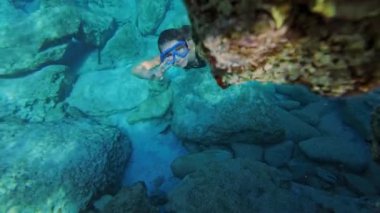 Gözlüklü ve maske takmış güzel bir kadın denizin kayalıklarında şnorkelle yüzüyor. Okyanusun altında dinlenip yüzmek. Yüksek kalite 4k görüntü