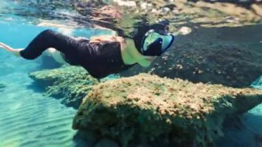 Genç bir kız bardaklarla suya atlayıp yüzüyor. Okyanusta eğlenceli bir tatil, maskeyle şnorkelle yüzmek. Yüksek kalite 4k görüntü
