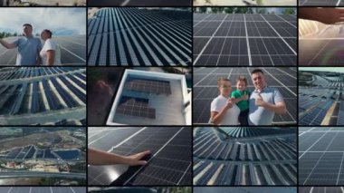Video kolaj güneş panelleri çevre koruması. Çevreyi koruma ve küresel ısınmayla mücadele kavramı, aile eve güneş panelleri yerleştirdi. Yüksek kalite 4k görüntü