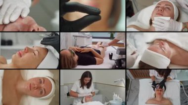 Kadın güzellik prosedürleri kolajı: Kozmetik uzmanı, genç görünümü için profesyonel bir klinikte iğne, tüy dökümü ve soyulma da dahil olmak üzere cilt bakımı yapıyor. Yüksek kalite 4k görüntü