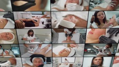 Profesyonel kozmetoloji tedavileri kolajı: modern bir klinikte kadın deneyimi sergileyen cilt bakımı, tüy dökümü ve cilt bakımı. Yüksek kalite 4k görüntü