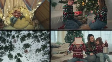 Aşk dolu bir Noel Kolajı: Aile Toplantıları, Parlayan Işıklar, Paketlenmiş Hediyeler ve Ağacın Büyülü Kış Anları