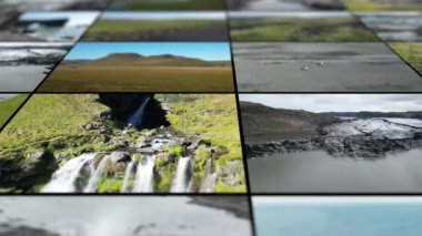 İzlanda 'nın hava kolajı. Kuzey Kutup Dairesi 'nin ötesindeki adanın güzel turistik manzaraları. Yüksek kalite 4k görüntü