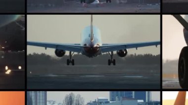 Küresel turizm, ulaşım ve havacılık kolajı. Bir uçağın havalanıp bir havaalanına inişi, uçuşları ve seyahatleri, turizmi yavaş çekim videosu. Yüksek kalite 4k görüntü