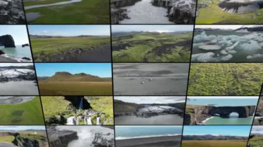İzlanda 'nın hava turistik manzaralarının kolajı. Kuzey Kutbu 'ndaki adanın güzel doğası. Yüksek kalite 4k görüntü