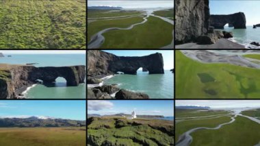 İzlanda 'nın doğasının hava manzaralarının kolajı. Okyanustan, şelaleden ve şelaleden toplanmış videolar. Yüksek kalite 4k görüntü