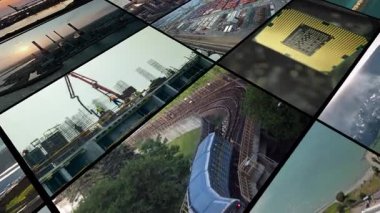 Çeşitli bitkilerin endüstriyel manzaralarının video kolajı. Enerji santrallerinin, kentsel fabrikaların, limanların ve yolların manzaraları. Yüksek kalite 4k görüntü