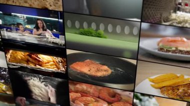 Evde yemek pişirme kolajı videosu. Çeşitli mutfak hazırlıkları, çocuklu bir kadın yemek pişiriyor, bir adam balık kızartıyor. Yüksek kalite 4k görüntü