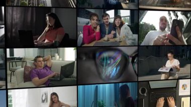 İnternette çalışan farklı insanların video kolajı. Ağ işi kaldırılır, iş görüşmeleri internet kamerasıyla yapılır, akıllı telefon ya da tablet ile değil. Yüksek kalite 4k görüntü
