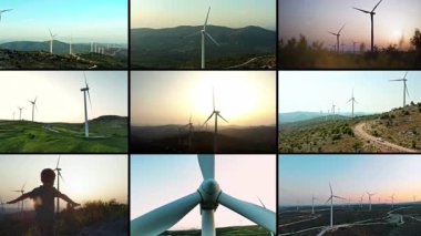 Çevre dostu rüzgar enerjisi: Sürdürülebilir elektrik üretimi için yenilenebilir enerji kullanan rüzgar santralleri ve endüstriyel rüzgar çiftliklerinin video kolajı. Yüksek kalite 4k görüntü