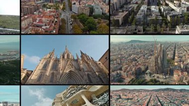 Barcelona 'nın tarihi binalarının mimarisinin farklı çekimlerinin video kolajı. Katalonya, İspanya 'daki turistik noktaların şehri. Yüksek kalite 4k görüntü