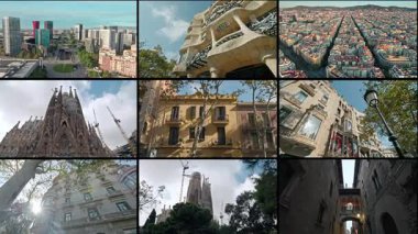 Barselona tarihi mimarisinin havadan ve yakından çekilmiş görüntüleri, İspanya 'nın Katalonya kentindeki ünlü binalar, canlı şehir manzaraları ve turistik yerleri vurgulanıyor. Yüksek kalite 4k görüntü