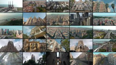 İspanya, Barselona 'daki çarpıcı tarihi mimari kolajı. Gökyüzü ve sokak manzaraları ikonik simgeler, şehir manzaraları ve turistik yerler. Yüksek kalite 4k görüntü