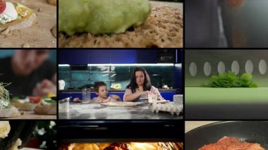 Evde yemek pişirme kolajı videosu. Çocuklar ve ebeveynler yemek pişirir, sebze ve meyve keser, bir adam mutfakta sağlıklı yiyecekler hazırlar. Yüksek kalite 4k görüntü