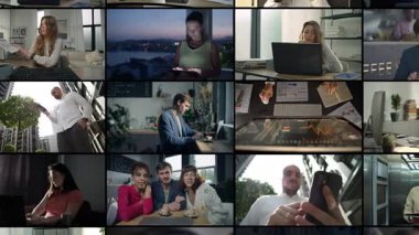 İnternette çalışan farklı insanların video kolajı. Tablet bilgisayarda çalış, SEO ve işletme finans ile video görüşmeleri yap. Yüksek kalite 4k görüntü
