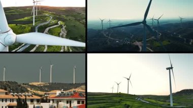 Çevre koruma yel değirmenleri kolaj video konsepti. Rüzgar enerjisinden elektrik üretimi ekolojiktir. Yüksek kalite 4k görüntü