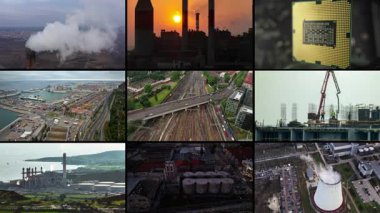 Küresel ısınmanın video kolajı: elektrik santralleri, CO2 emisyonları, iklim değişikliğinin etkilerini gösteren yollar ve limanlar ile endüstriyel manzaralar. Yüksek kalite 4k görüntü