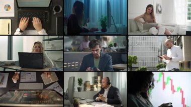 İş yerindeki video kolajı. İş ve bilgisayar kanepede çalışır. Yüksek kalite 4k görüntü