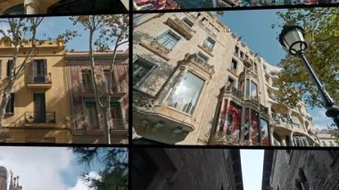 Barcelona 'nın tarihi binalarının mimarisinin farklı çekimlerinin video kolajı. Katalonya 'nın turistik noktaları, İspanya' nın turistik yerleri, katedraller, binalar, sokaklar. Yüksek kalite 4k 