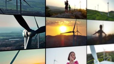 Rüzgar enerjisi devrimi: Çağdaş yel değirmenleri ve elektrik santrallerinin eko-dost ve sürdürülebilir elektrik sağlamak için yenilenebilir enerjiyi kullanan video kolajı. Yüksek kalite 4k görüntü