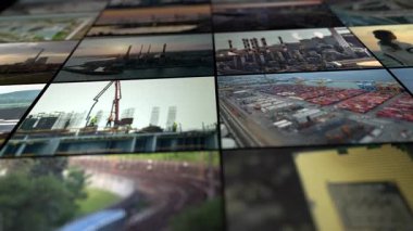 Fabrikaları, elektrik santralleri ve ulaşım lojistiği olan sanayi arazilerinin kolajı, limanlardaki kamyon teslimatlarını ve iş süreçlerini gösteriyor. Yüksek kalite 4k görüntü