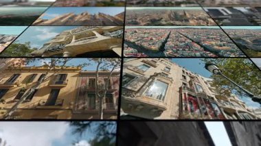Barcelona 'nın tarihi binalarının mimarisinin farklı çekimlerinin video kolajı. İspanya 'nın Katalonya şehir merkezindeki popüler turistik yerler. Yüksek kalite 4k görüntü