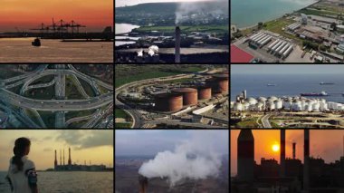 Sanayi sahneleri kolajı: enerji santralleri, CO2 emisyonları, yollar ve limanlar küresel ısınmanın ve iklim değişikliğinin etkisini gösteren limanlar. Yüksek kalite 4k görüntü