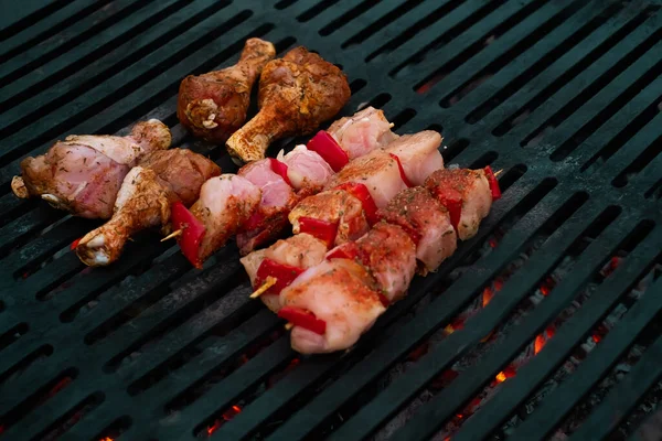 juicy meat skewers are fried on the grill, nature, the concept of outdoor recreation, hanging out with friends