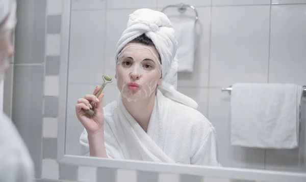 Beautiful Young Woman Doing Facial Massage Gua Sha Tool Front — стоковое фото