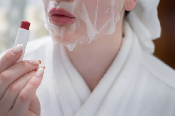 Close Woman Holds Moisturizing Lip Mask Applies Cosmetic Product Dry —  Fotos de Stock