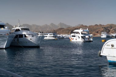 Beautiful white private motor yacht for a boat trip on the Red Sea, Panoramic view of the Red Sea, coral reef and moored pleasure boats. Blue and white seascape, white boats and clear blue water with cloudy blue sky, snorkeling boats