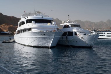 Beautiful white private motor yacht for a boat trip on the Red Sea, Panoramic view of the Red Sea, coral reef and moored pleasure boats. Blue and white seascape, white boats and clear blue water with cloudy blue sky, snorkeling boats