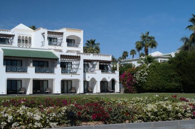 Palm trees against white home by the beach with blue sky and sand