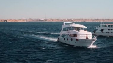 Güneşli bir günde mavi denizde yelken açan büyük beyaz bir yat. Lüks bir yatın yan görüntüsü. Kızıl Deniz 'de Mısır Gemisi. Bir yatta tatil.