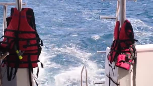 Life Jacket Ladders Rear Deck Yacht Moving Sea — Stock Video