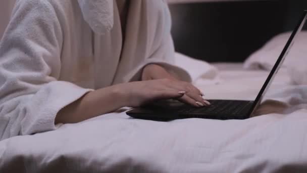 Girl Working Laptop Woman Bedroom White Coat Lies Bed Types — Stock Video