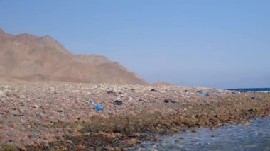 Kızıl Deniz kıyısında güçlü deniz dalgaları kopuyor. Fırtına sırasında dalgalar çakıl taşı plajına çarpar. Denizde fırtına. Kızıl Deniz 'in panoramik manzarası