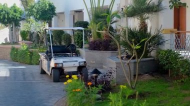 Güneşli bir günde palmiye ağaçları olan doğulu meçhul evler, zaman aşımı, Mısır 'da bir otel binasının güzel beyaz mimarisi.