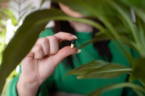 stock image a girl holds pills in her hands and close-up, the concept of health care, many drugs, chlorophyll in tablets, vitamins in tablets, a healthy lifestyle