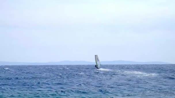 Hombre Dedica Windsurf Mar Rojo Montañas Fondo Deporte Acuático — Vídeo de stock