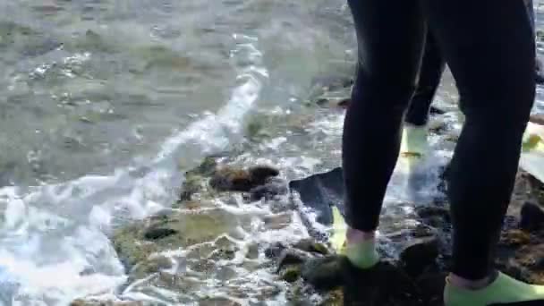 Αρκετοί Άνθρωποι Πτερύγια Στα Πόδια Τους Στέκονται Στο Νερό Άνθρωποι — Αρχείο Βίντεο