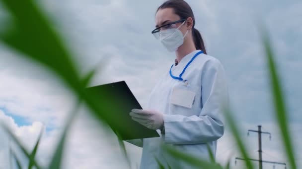 Botaniker Som Analyserar Växtodlingar Gör Anteckningar Tidskrift Kvinnlig Trädgårdsmästare Biolog — Stockvideo