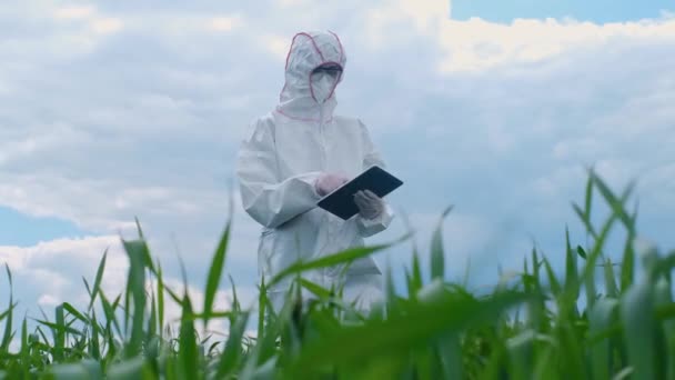 Maskeli Koruyucu Giysili Bir Biyolog Modern Teknolojinin Yardımıyla Alanı Keşfediyor — Stok video