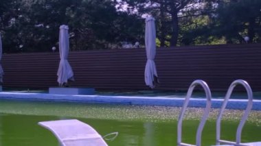 Yeşil suyu olan kirli bir havuz. Tatil köyünde servis kötü. sağlıksız koşullar.