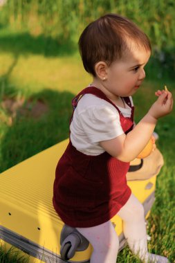 Çocuk bir bavula oturur ve gözlerini kapatır. Seyahat, macera, tatil hayalleri. Yeşil çimlerin üzerinde küçük bir kız