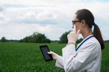 Beyaz önlüklü bir kadın tarım uzmanı tarladaki bitkilerin büyümesini kontrol ediyor. Tarladaki bir biyolog buğday değerlerini kontrol eder, bir çiftçi bir tablet, tarım sektörü konsepti üzerine not alır.