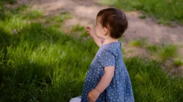 Szczęśliwe Dziecko Bawi Się Parku Gry Dla Dzieci Bańkami Mydlanymi — Wideo stockowe