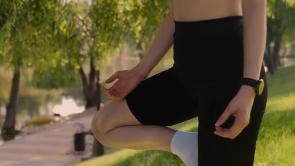 在一个被大自然环绕的公园里 一个女孩在绿草上摆出一个荷花的姿势 享受瑜伽和健康生活方式的锻炼 小女孩在公园的绿草上做瑜伽 享受大自然 — 图库视频影像