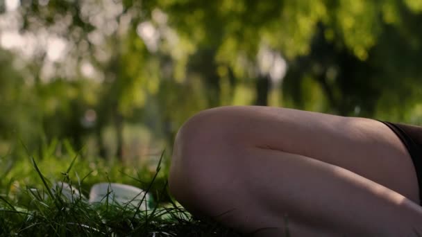 여자는 자연에 둘러싸인 공원에서 잔디에 로터스 위치에 라이프 스타일에 요가와 — 비디오